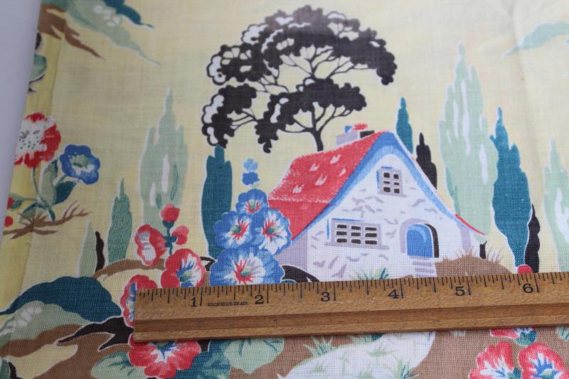 photo of vintage feed sack weave cotton fabric, cottage houses w/ hollyhocks print #3