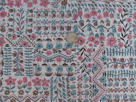 photo of vintage feed sack weight fabric, 1950s pink and aqua flowers print #1