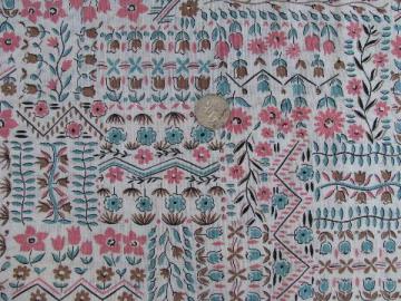 catalog photo of vintage feed sack weight fabric, 1950s pink and aqua flowers print