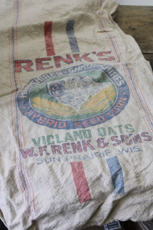 photo of vintage feedsack cotton grain sack, farm seed bag w/ sheep, Renks Sun Prairie #1