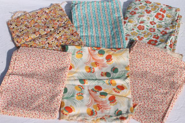 photo of vintage feedsack fabric, shades of orange print cotton florals collection mixed prints #6