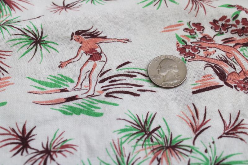 photo of vintage feedsack w/ original stitching, cotton print fabric tropical paradise Hawaii or Tahiti? #1