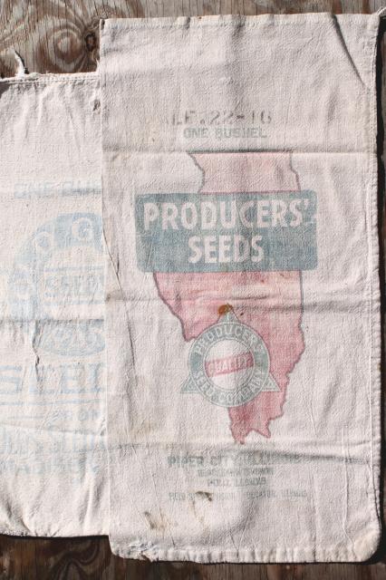 photo of vintage feedsacks w/ old farm advertising graphics, homespun type cotton fabric grain seed sacks #3