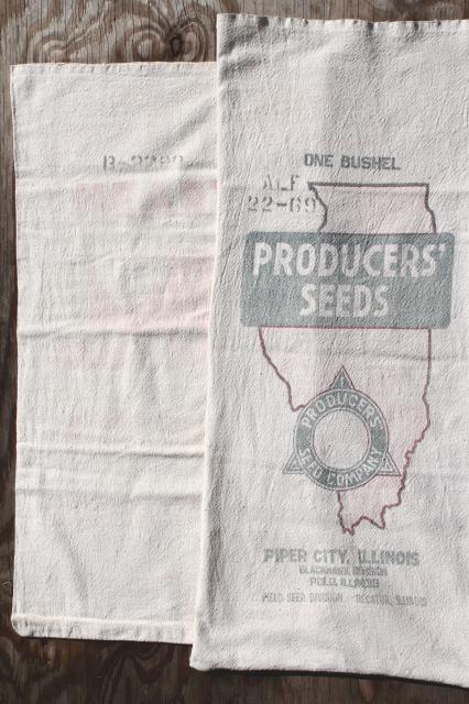 photo of vintage feedsacks w/ old farm advertising graphics, homespun type cotton fabric grain seed sacks #4