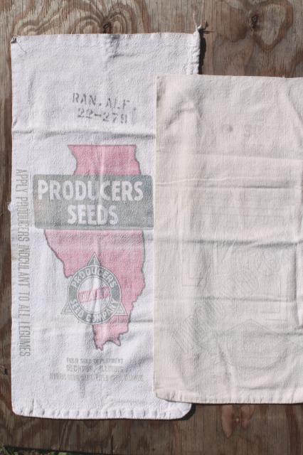 photo of vintage feedsacks w/ old farm advertising graphics, homespun type cotton fabric grain seed sacks #8
