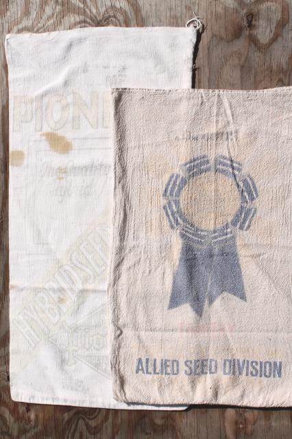 photo of vintage feedsacks w/ old farm advertising graphics, homespun type cotton fabric grain seed sacks #9