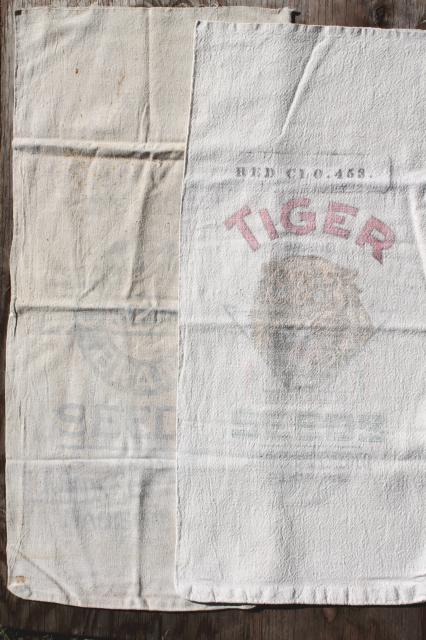 photo of vintage feedsacks w/ old farm advertising graphics, homespun type cotton fabric grain seed sacks #11
