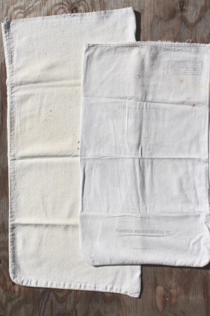 photo of vintage feedsacks w/ old farm advertising graphics, homespun type cotton fabric grain seed sacks #12
