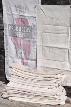 catalog photo of vintage feedsacks w/ old farm advertising graphics, homespun type cotton fabric grain seed sacks