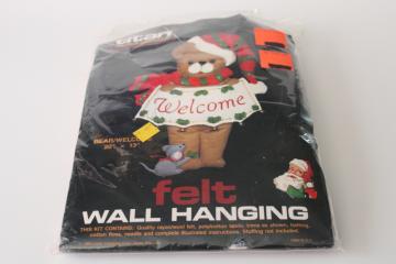 vintage felt craft kit Christmas Welcome door hanging, elf hat teddy bear w/ tiny gray mouse 