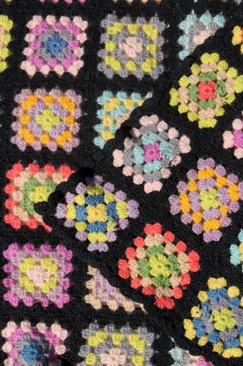 photo of vintage felted wool granny square crochet afghan blanket, black with bright yarns #1