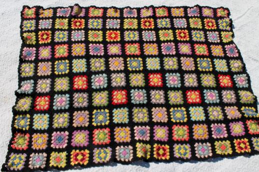 photo of vintage felted wool granny square crochet afghan blanket, black with bright yarns #2