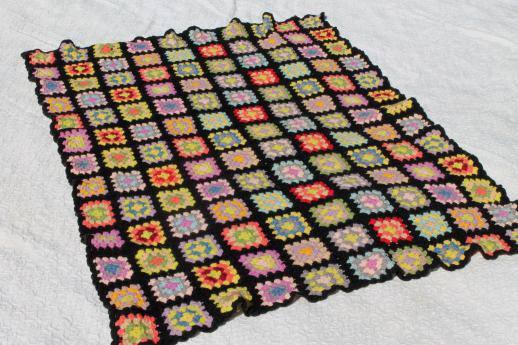 photo of vintage felted wool granny square crochet afghan blanket, black with bright yarns #3