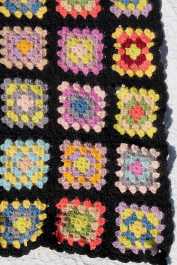 photo of vintage felted wool granny square crochet afghan blanket, black with bright yarns #4