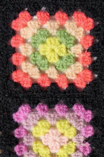 photo of vintage felted wool granny square crochet afghan blanket, black with bright yarns #5