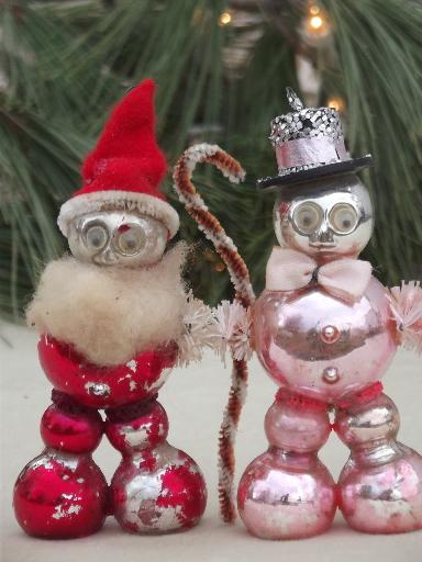 photo of vintage figural glass Christmas tree ornaments, Santa and snowman #1