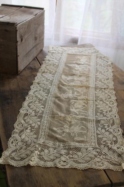 photo of vintage figural lace runner w/ cherubs & nudes, Italian buratto net lace w/ wide edging #1