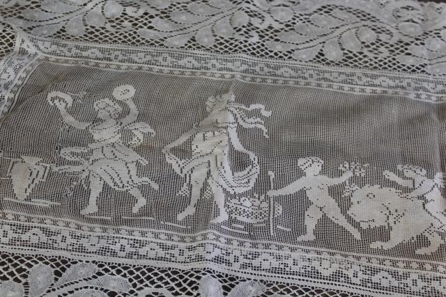 photo of vintage figural lace runner w/ cherubs & nudes, Italian buratto net lace w/ wide edging #5