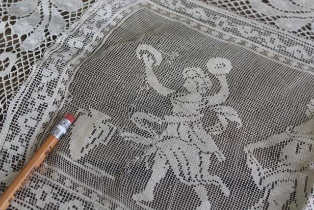 photo of vintage figural lace runner w/ cherubs & nudes, Italian buratto net lace w/ wide edging #6