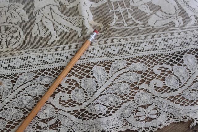 photo of vintage figural lace runner w/ cherubs & nudes, Italian buratto net lace w/ wide edging #7