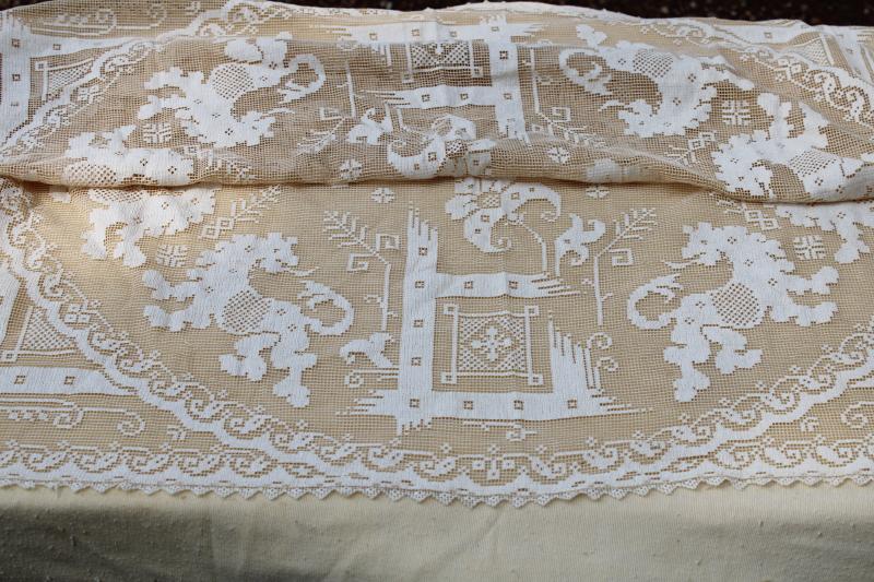 photo of vintage figural lace table cloth w/ lions, Italian buratto net lace centerpiece #1