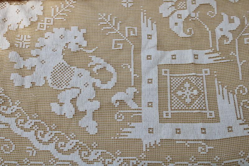 photo of vintage figural lace table cloth w/ lions, Italian buratto net lace centerpiece #2