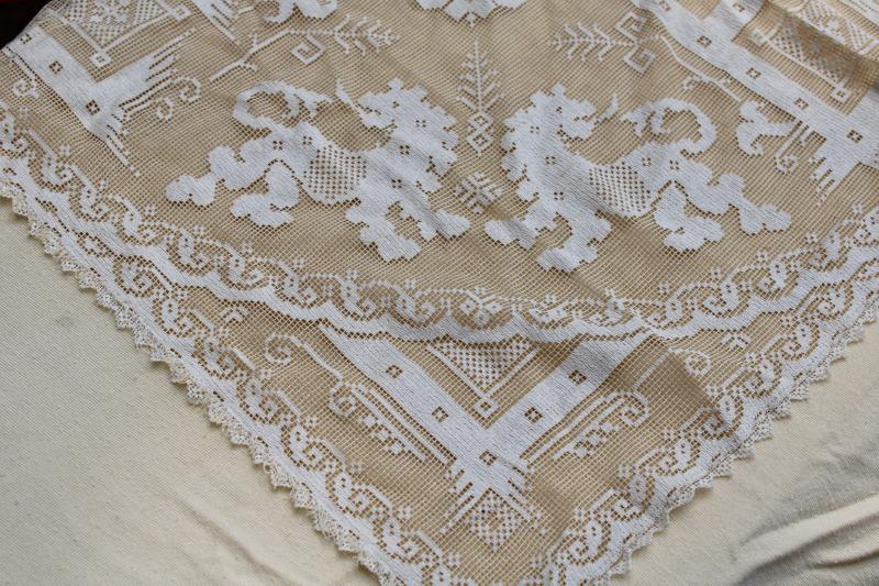 photo of vintage figural lace table cloth w/ lions, Italian buratto net lace centerpiece #8
