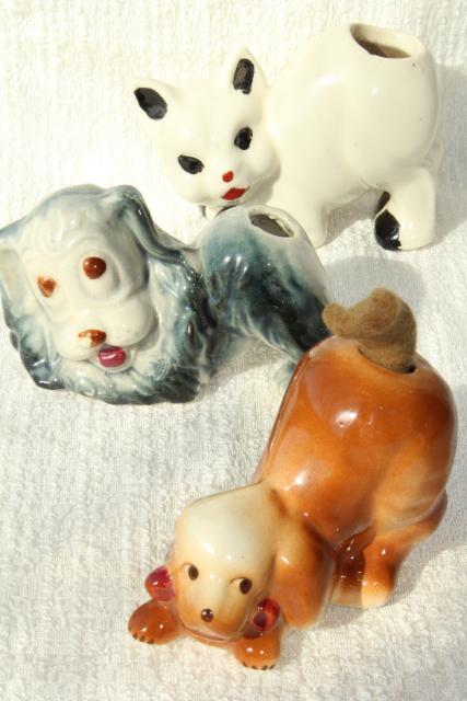 photo of vintage figural pottery dogs & cat w/ pen wipe felt tails, desk pen wipers #1