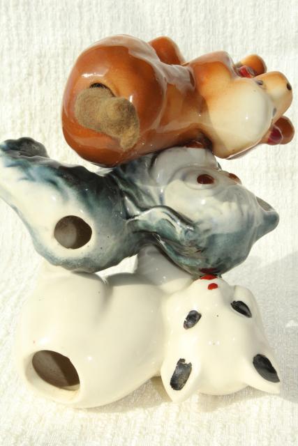 photo of vintage figural pottery dogs & cat w/ pen wipe felt tails, desk pen wipers #3