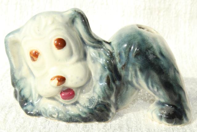 photo of vintage figural pottery dogs & cat w/ pen wipe felt tails, desk pen wipers #6