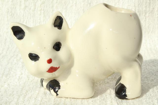 photo of vintage figural pottery dogs & cat w/ pen wipe felt tails, desk pen wipers #7