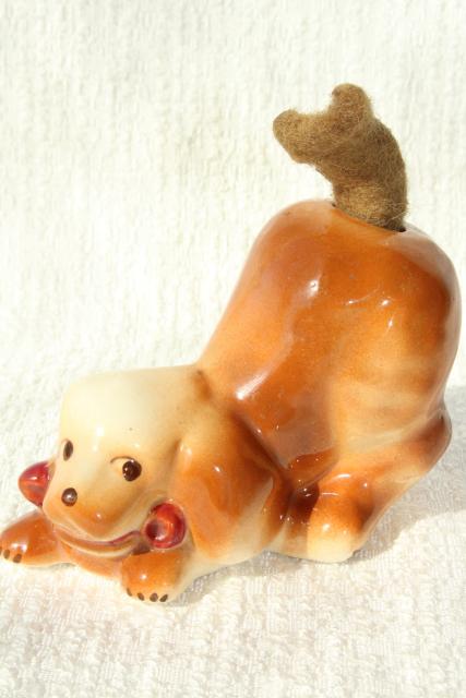 photo of vintage figural pottery dogs & cat w/ pen wipe felt tails, desk pen wipers #8