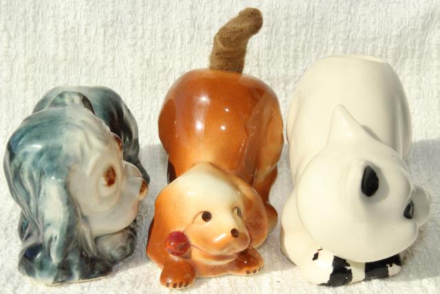 photo of vintage figural pottery dogs & cat w/ pen wipe felt tails, desk pen wipers #9