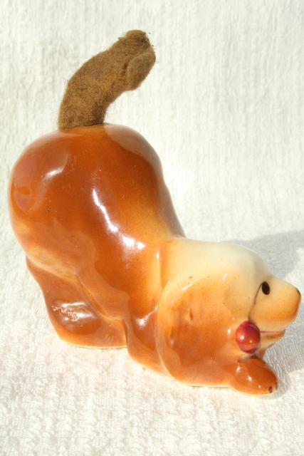 photo of vintage figural pottery dogs & cat w/ pen wipe felt tails, desk pen wipers #12