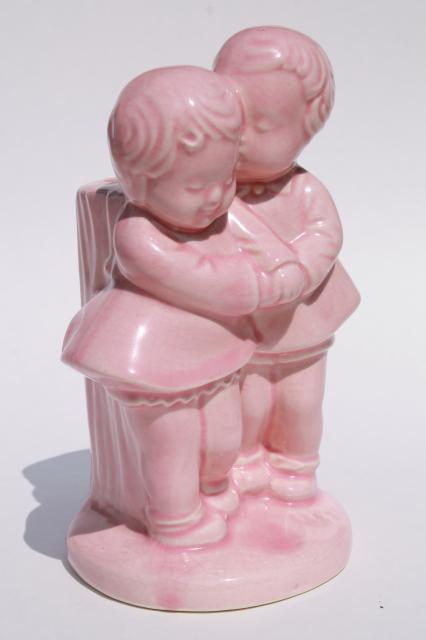 photo of vintage figural pottery planter vase, childhood sweethearts children in baby pink #1