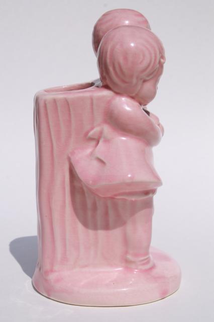 photo of vintage figural pottery planter vase, childhood sweethearts children in baby pink #5