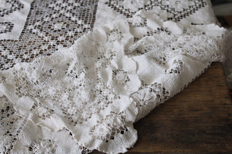 photo of vintage filet lace tablecloth, cotton net lace table cover 78 inches square #3