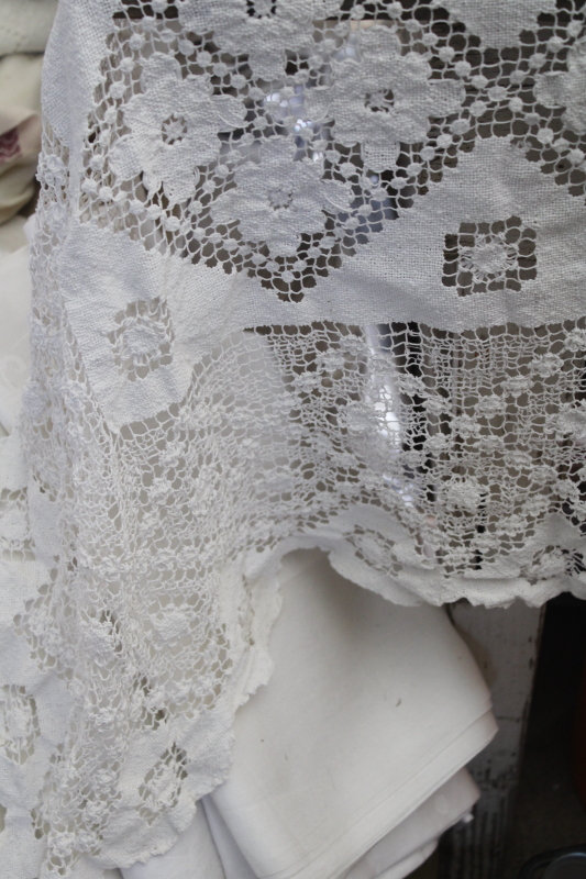 photo of vintage filet lace tablecloth, cotton net lace table cover 78 inches square #5