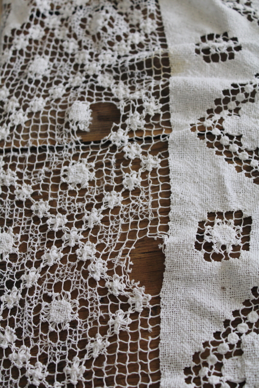 photo of vintage filet lace tablecloth, cotton net lace table cover 78 inches square #7