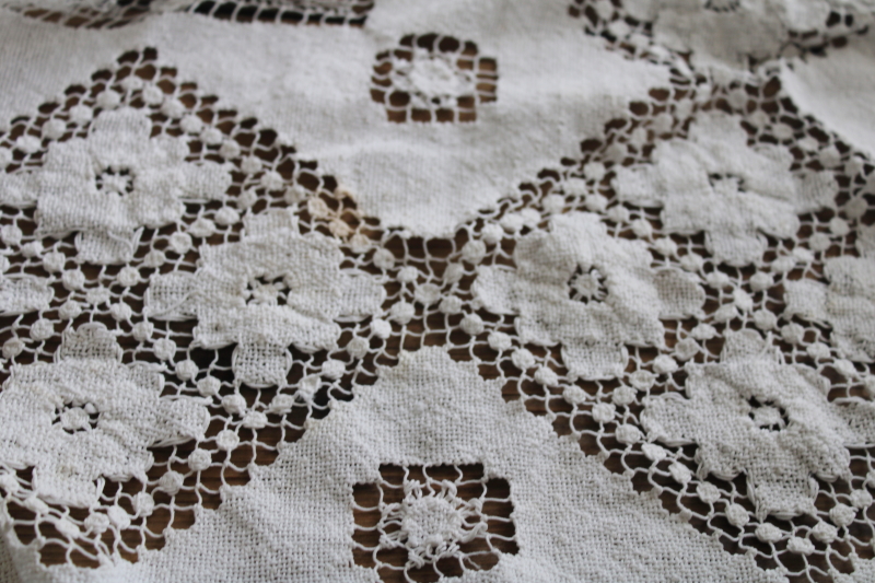 photo of vintage filet lace tablecloth, cotton net lace table cover 78 inches square #8