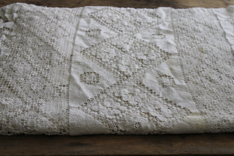 photo of vintage filet lace tablecloth, cotton net lace table cover 78 inches square #9