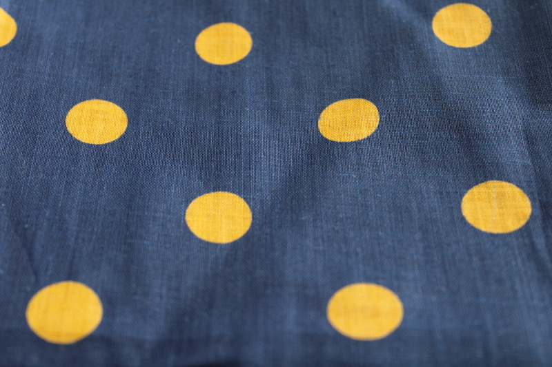 photo of vintage fine linen fabric, mustard gold dots on navy blue, French chic polka dots #1