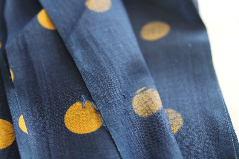 photo of vintage fine linen fabric, mustard gold dots on navy blue, French chic polka dots #2