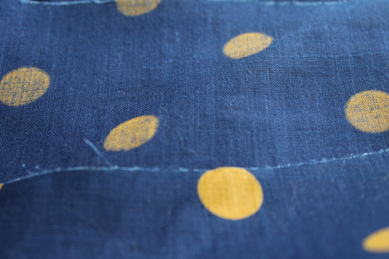 photo of vintage fine linen fabric, mustard gold dots on navy blue, French chic polka dots #3