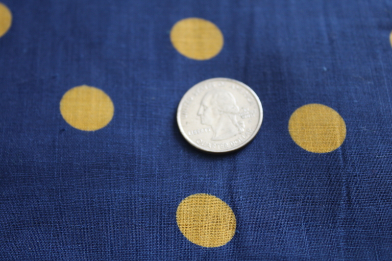 photo of vintage fine linen fabric, mustard gold dots on navy blue, French chic polka dots #4