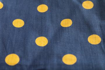 catalog photo of vintage fine linen fabric, mustard gold dots on navy blue, French chic polka dots