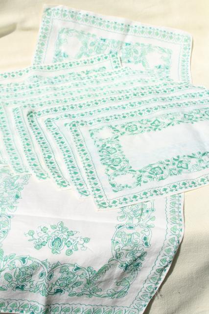 photo of vintage fine linen place mats & table runner, white w/ Irish green border print #1