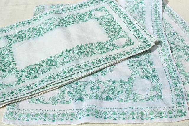 photo of vintage fine linen place mats & table runner, white w/ Irish green border print #4