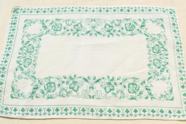 photo of vintage fine linen place mats & table runner, white w/ Irish green border print #6