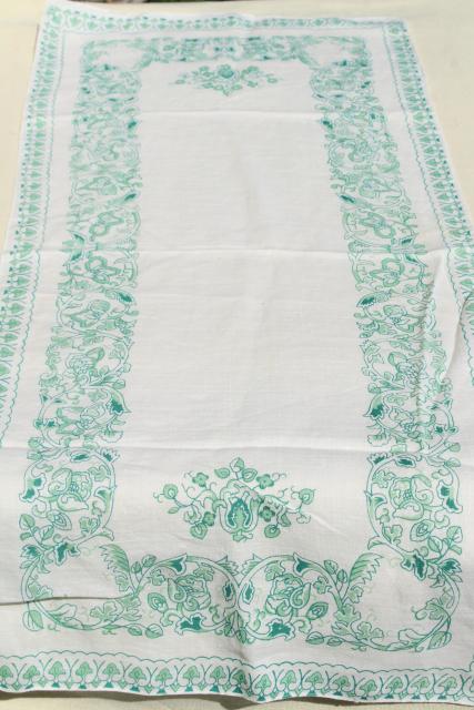 photo of vintage fine linen place mats & table runner, white w/ Irish green border print #11